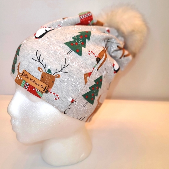 Slouchy Soft Pompom  Beanie Holiday print  kids 0/S - Picture 5 of 8